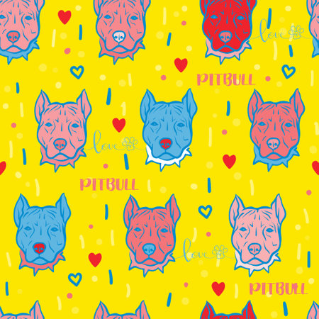Seamless vector pattern with pit bull faces in pop art styleのイラスト素材