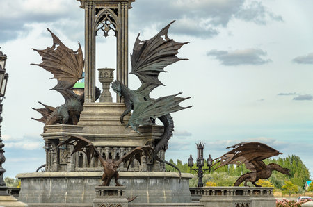 2022-09-13, Russia, Samara region: Beautiful Garibaldi Castle. Stone Dragons monument.のeditorial素材