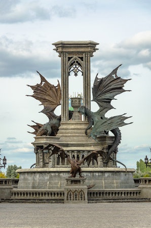 2022-09-13, Russia, Samara region: Beautiful Garibaldi Castle. Stone Dragons monument.のeditorial素材