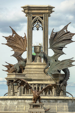 2022-09-13, Russia, Samara region: Beautiful Garibaldi Castle. Stone Dragons monument.. Garibaldi Castle is a unique architectural object in the neo-Gothic style.のeditorial素材