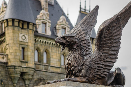 2022-09-13, Russia, Samara region: Beautiful Garibaldi Castle with a flower garden. Garibaldi Castle is a unique architectural object in the neo-Gothic style.のeditorial素材