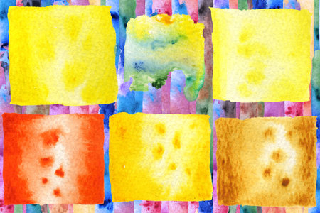 Bright watercolor background with multicolored square shapes for text.の写真素材