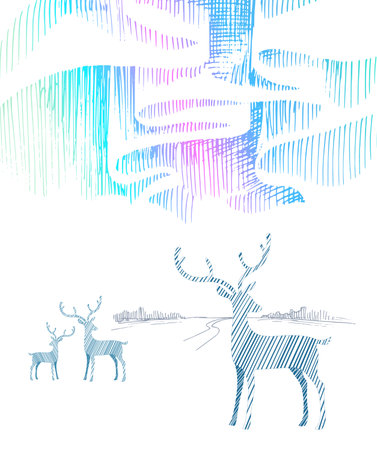Deer in the snow and the aurora borealis. Drawing with liner, ink.のイラスト素材