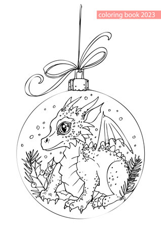 A small cute cartoon dragon inside a glass Christmas ball. Coloring bookのイラスト素材
