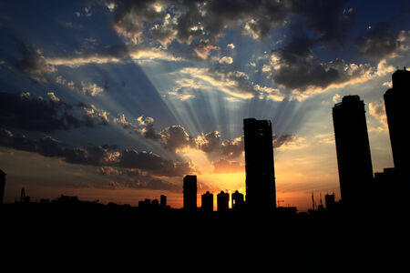 Sunset cover with buildings の写真素材
