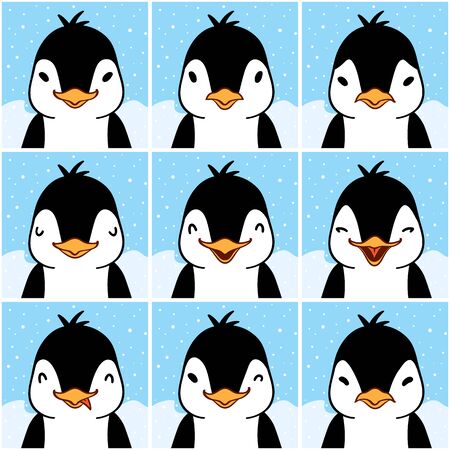 Cute penguin cartoon emotion faces.のイラスト素材