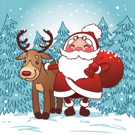 Santa Claus with bag full of Christmas gifts and reindeer in the snow. Happy New Year card.のイラスト素材
