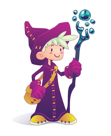Happy cartoon mage character holding a stick isolated on a white background. Hero for illustration, fantasy RPG game or part of your design.のイラスト素材