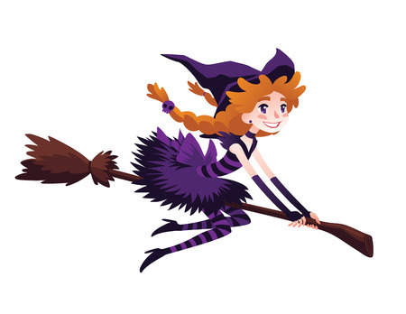 Cute redhead witch flying on a broom and smiling. Vector illustration of little Halloween Witch in flat cartoon style isolated on a white background. Element for your design, prints and greeting card.のイラスト素材