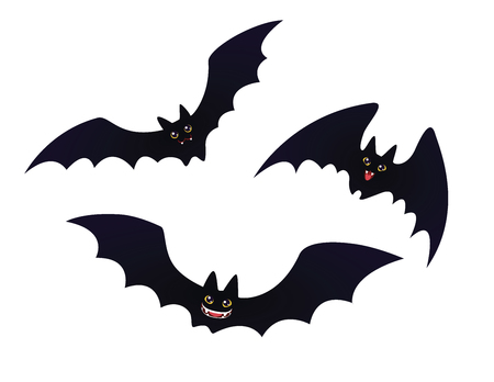 Cute flying and smiling Bats. Set of funny bats for Halloween in flat cartoon style. Vector illustration.  Element for your design, print and artwork.のイラスト素材