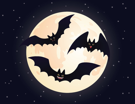 Cute flying and smiling Bats. Set of funny bats for Halloween in flat cartoon styl. Vector illustration.  Element for your design, print and artwork.のイラスト素材