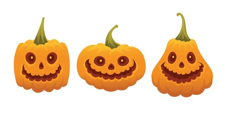 Set of funny pumpkin faces for Halloween. Pumpkin smiling faces isolated in flat cartoon style. Element for your design, print, poster and greeting cards.のイラスト素材