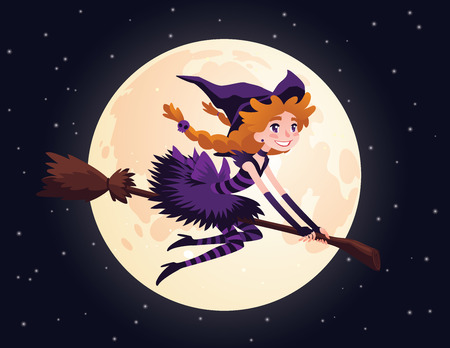 Cute redhead witch flying on a broom and smiling. Vector illustration of little Halloween Witch in flat cartoon style on a starry sky with Moon. Element for your design, prints and greeting card.のイラスト素材