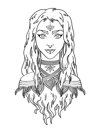 Stylish beautiful young girl with long curly hair. Young girl portrait.  Vector illustration.のイラスト素材