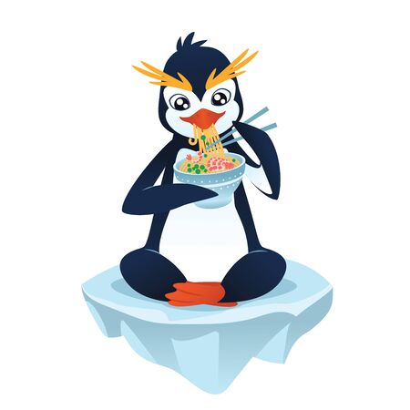 Cute cartoon penguin with a noodle dish eating and sitting on an ice floe. Vector illustration of cute penguin with noodle dish in flat cartoon style on a white background.のイラスト素材