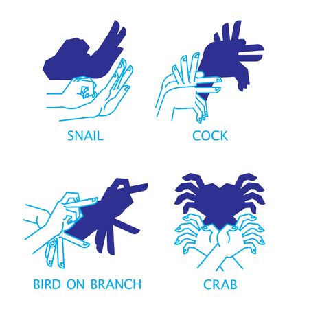 Shadow Hand Puppets. Set. Snail, Cock, Bird and Crab.のイラスト素材