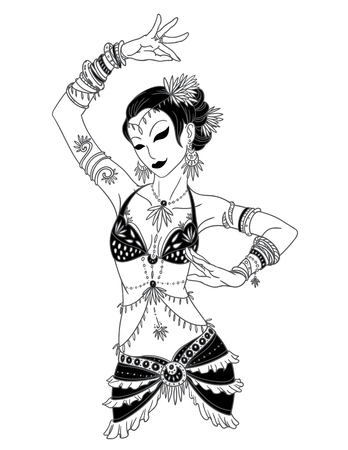 Tribal Dancer or Belly Dancer Girl. Vector Illustration of Tribal Dancer or Belly Dancer Girl in Hand Drawn Style. Belly Dancer Girl in Costume in Tribal Style with Accessories.のイラスト素材