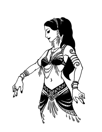 Tribal Dancer or Belly Dancer Girl in Hand Drawn Style. Vector Illustration of Beautiful Woman Dancing on a White Background for Your Design. Femininity.のイラスト素材