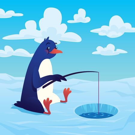 Cute cartoon penguin fisher fishing with a fishing rod.のイラスト素材