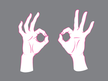 Gesture. Okey sign. Two female hands with index and thumb making circle, other fingers up.のイラスト素材