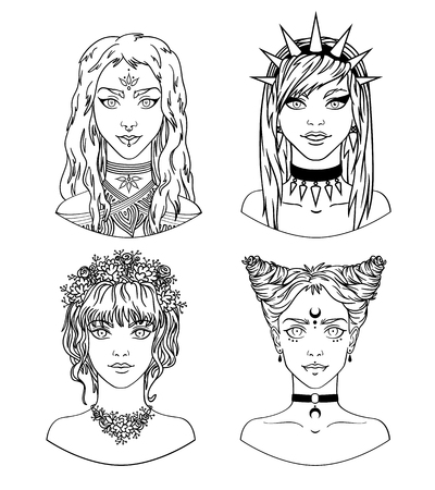 Set of portraits of girls on a white background. Variety of avatars with stylish girls in hand drawn style.のイラスト素材