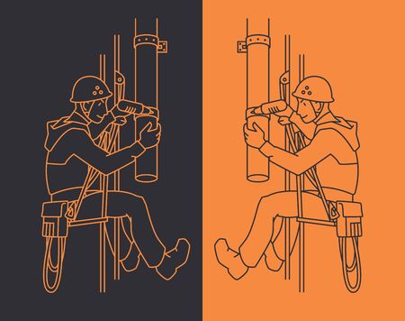 Industrial climber in uniform and helmet mends drainpipe.のイラスト素材