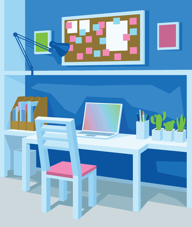Interior of workplace in cartoon style. Perspective. Home Office in Blue Color.のイラスト素材