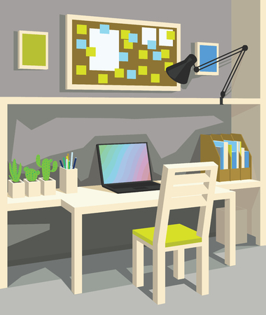 Interior of workplace in cartoon style. Perspective. Home Office in Grey Color.のイラスト素材