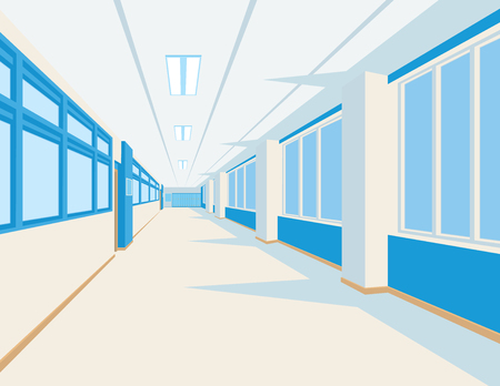 Interior of school hall in flat style. Vector illustration of university or college corridor with windows.のイラスト素材
