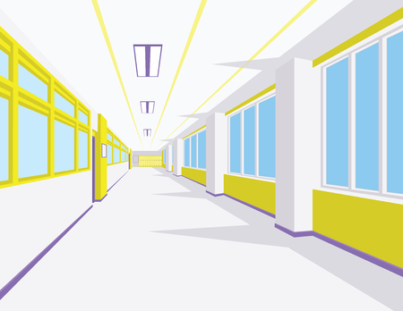 Interior of school hall in flat style. Vector illustration of university or college corridor with windows.のイラスト素材