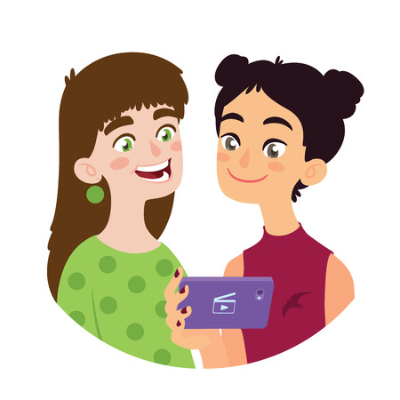 Asian girl is sharing video to a european girl. Two smiling young friends of different culture having fun.のイラスト素材