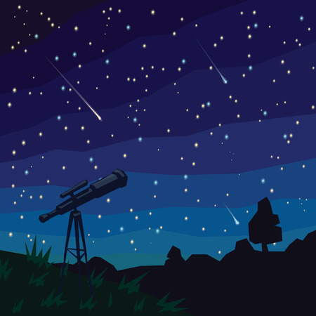 Stargazing. Falling Stars. Natural landscape, night starry sky and telescope on foreground.のイラスト素材