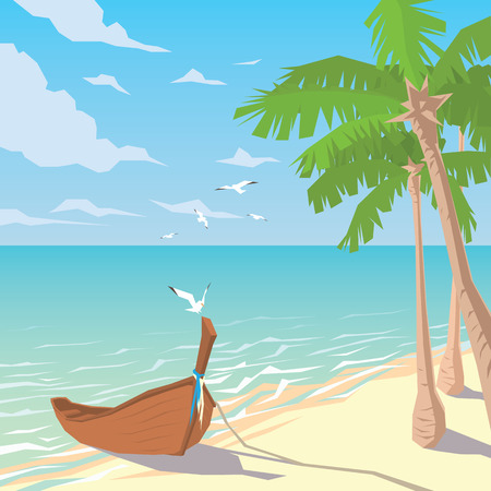 Wooden boat on sandy beach with palms.のイラスト素材