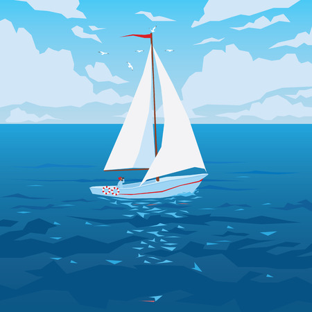 White boat with sail and red flag.のイラスト素材