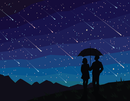 Starfall. Silhouette of couple under umbrella, watching falling stars. The starry night sky. Meteor shower.のイラスト素材