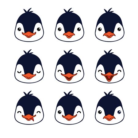 Emoticon. Cute penguin emotion faces. Vector illustration of bird emotions.のイラスト素材