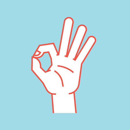 Gesture. Okay sign. Stylized hand with index and thumb making circle, other fingers up. Icon.のイラスト素材