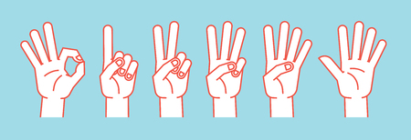 Count on fingers. Gesture. Stylized hands showing different numbers. Icons. Vector.のイラスト素材