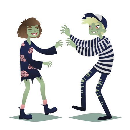 Zombie couple. Cute young woman and man in style of dead monsters going for Halloween party. Vector.のイラスト素材