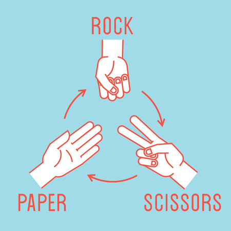 Hand game. Rock, Scissors, Paper. Rules. Gestures. Stylized hands in form of objects for popular hand game. Vector illustration on blue background. Orange lines, white silhouette. Design.のイラスト素材