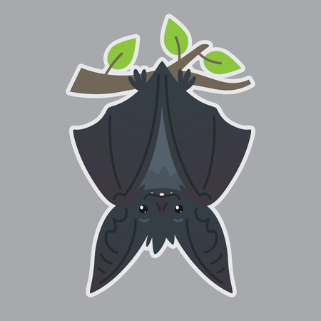 Bat handing upside down on branch. Vector illustration of bat-eared grey creature with closed wings in flat style with silhouette syblayer. Sticker. Print design. Cute Halloween bat vampire iconのイラスト素材