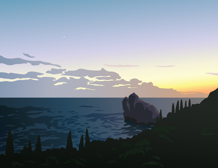 Beautiful summer seascape. Sunset. View of the coastline into the sea bays with stone island. First little star in the twilight sky. Crimea. Simeiz. Illustration. Scene for your design. Vector.のイラスト素材