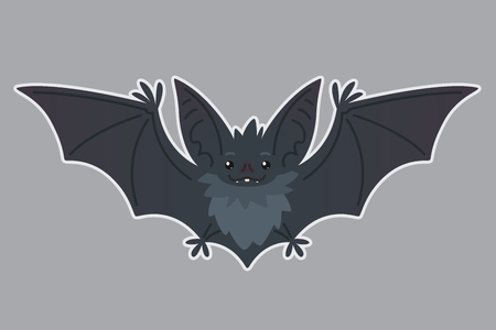 Bat flying. Vector illustration of bat-eared grey creature with outstretched wings in flat style with silhouette syblayer. Sticker. Element for your design, print. Cute Halloween bat vampire iconのイラスト素材
