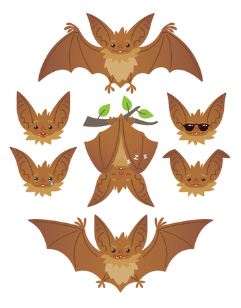Bat in various poses. Flying, hanging. Brown bat-eared snouts with different emotions. Illustration of flat animal emoticons on white background. Cute mascot emoji set. Halloween smiley. Vector.のイラスト素材