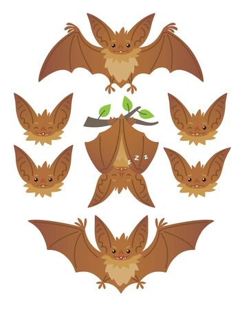 Bat in various poses. Flying, hanging. Brown bat-eared snouts with different emotions. Illustration of modern flat animal emoticons on white background. Cute mascot emoji set. Halloween smiley. Vectorのイラスト素材