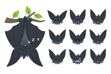 Bat sleeping, hanging upside down on branch. Animal emoticon set. Illustration of bat-eared grey creature with closed wings in flat style. Emotional heads of cute Halloween bat vampire. Emoji. Vector.のイラスト素材