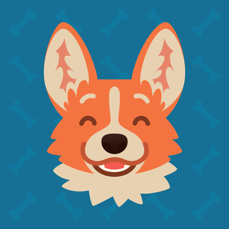 Corgi dog emotional head. Vector illustration of cute dog in flat style shows happy emotion. Laugh emoji. Smiley icon. Chat, communication, print, sticker. Isolated object on blue background. Smileのイラスト素材