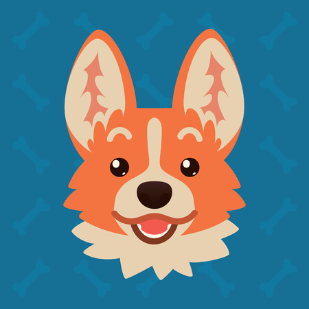 Corgi dog emotional head. Vector illustration of cute dog in flat style shows surprised emotion. Excited emoji. Smiley icon. Chat, communication, print, sticker. Object on blue background. Amazementのイラスト素材