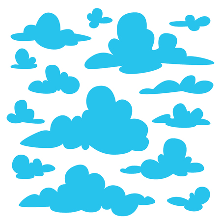 Set of blue fluffy clouds silhouettes on white background. Vector illustration in flat cartoon style. Elements for your design, artwork, scene, website. Different nature cloudscape weather symbols.のイラスト素材