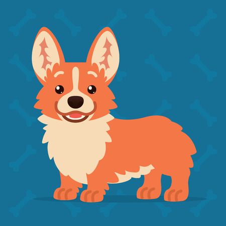 Cute Welsh Corgi standing and smiling. Element for your design, print, chat, sticker. Emoji. Vector illustration of Corgi dog shows happy emotion in flat cartoon style on blue background. Emoticon.のイラスト素材